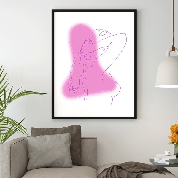Nude Girl With Long Hair | Erotic Line Drawing, Nude Line Art, Sexy Drawing, Women Figure Art Decor, pink Woman Line Drawing, Naked Woman