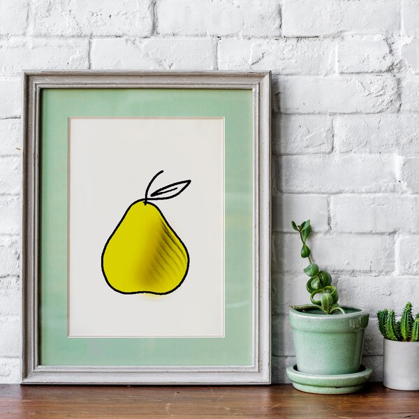 Minimalist Pear Wall art, Fruit Printable Art, Downloadable Housewarming Gift, Pear fruit print, Digital Graphic Design, fruit line art