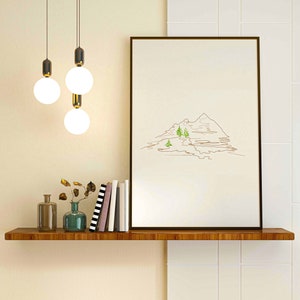 Minimalist Mountain Line art, Digital Landscape drawing poster, Printable Wall Art, Digital Download, Mountain Landscape line Drawing, camp