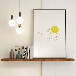 Mountain and sun line art | Minimal Design Nature, Minimalist Mountain Illustration, DIGITAL DOWNLOAD, Printable Wall Art, Room Decor art