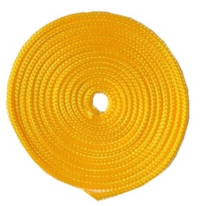 May include: A coiled roll of bright yellow rope, tightly wound in concentric circles. The rope appears to be made of a woven, textured material, and the center reveals a small opening. The background is plain white.