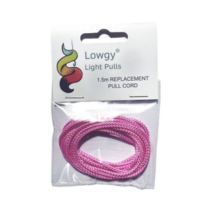 May include: A pink 1.5m replacement pull cord for light fixtures, packaged in a clear plastic bag with a white label that reads "Lowgy Light Pulls 1.5m Replacement Pull Cord".