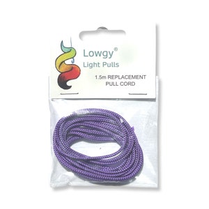 May include: A purple 1.5m replacement pull cord for light fixtures, packaged in a clear plastic bag with a white label that reads "Lowgy Light Pulls 1.5m Replacement Pull Cord".