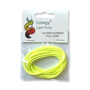 May include: A bright yellow 1.5m replacement pull cord for light fixtures, packaged in a clear plastic bag with a white label that reads "Lowgy Light Pulls 1.5m Replacement Pull Cord".