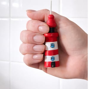 Hand Painted Wooden Lighthouse Light Pull - Red and White (with Cord & Connector)