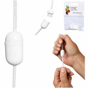 May include: White light pull cord connector with a matching white cord. The image shows the connector assembled, disassembled, and in a package. The package has the text "Lowgy Light Pulls Cord Connector".