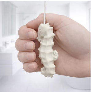 Könnte beinhalten: Ein cremefarbener, seepferdchenförmiger Lichtzug mit strukturierter Oberfläche, gehalten von einer Hand. Das Seepferdchen hat detaillierte Flossen und ein kleines Auge. Oben ist eine weiße Schnur befestigt.