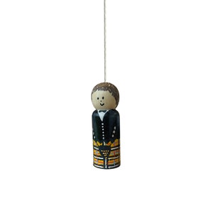 May include: A wooden pull chain with a painted figure wearing a black jacket and a yellow and orange plaid kilt.