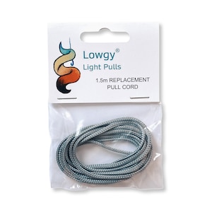 May include: A package containing a 1.5m light pull replacement cord. The cord is grey and is packaged in a clear plastic bag with a white label that reads "Lowgy Light Pulls 1.5m Replacement Pull Cord".