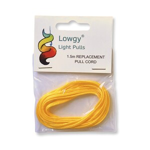May include: A yellow 1.5m replacement pull cord for light fixtures, packaged in a clear plastic bag with a white label that reads "Lowgy Light Pulls 1.5m Replacement Pull Cord".