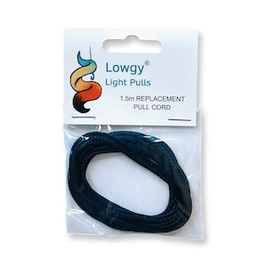 May include: A package containing a 1.5m replacement pull cord for lights. The cord is dark blue and is coiled up in the package. The package is white with the brand name "Lowgy" and the text "Light Pulls" printed on it.
