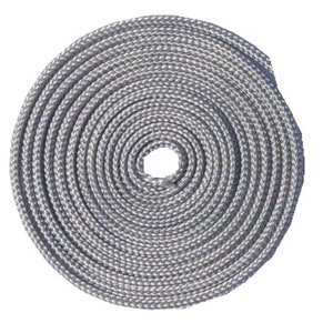 May include: A coil of gray rope, wound tightly in a circular shape.