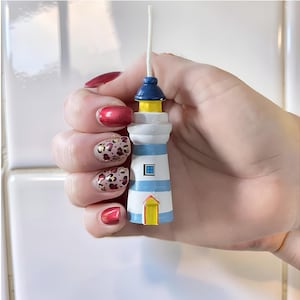 Striped Wooden Lighthouse Light Pull - Light Blue Coastal Decor