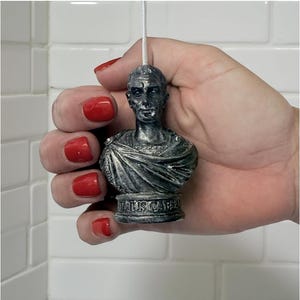 Könnte beinhalten: Ein silberfarbener Toiletten-Zuggriff mit einer Büste von Julius Cäsar. Der Griff wird von einer Hand mit rotem Nagellack gehalten. Der Griff ist an einer weißen Schnur befestigt, und der Hintergrund ist weiß gefliest.