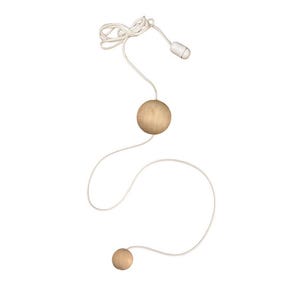 May include: A light-coloured wooden pull chain with a white cord and a small, white plastic pull. The chain has two wooden spheres of different sizes. The design is simple and minimalist.