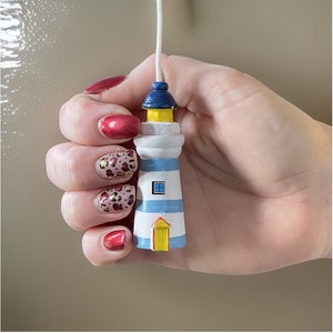 Wooden Light House Light Pull Light Blue Stripy Lighthouse with Cord & Connector image 1