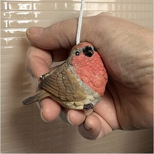 May include: A small, brown and pink bird figurine with a white string attached to its head. The figurine is being held in a person's hand.