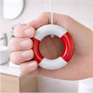 May include: A miniature life preserver, featuring a vibrant red and white color scheme. The circular design is held by a hand, showcasing its compact size and nautical theme. The life preserver has a glossy finish.