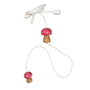 May include: A whimsical light pull featuring two mushroom-shaped ornaments. The mushroom caps are a vibrant pink with white polka dots, and the stems are a natural wood color. A white cord connects the mushrooms and includes a white toggle.