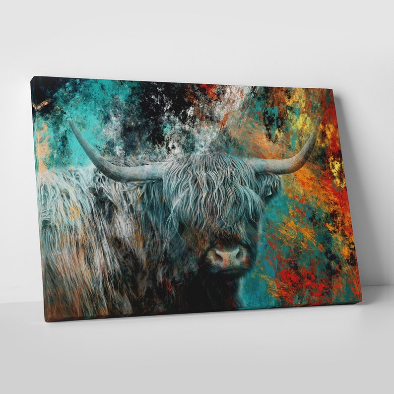CANVAS ART Highland Cow Orange & Blue Modern Painting Etsy