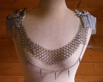 Chainmail Jewelry with Epaulettes | Body Chain Necklace Jewellery |Armor Harness Chainmail Piece|Unique Layered Cape|Handmade Armor Pauldron