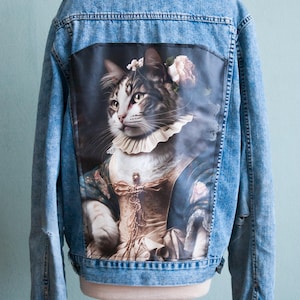 Veste en jean personnalisée avec image en cuir skaï | Chat, chien, lapin, vénus médiéval | Animaux : taureau, tigre, chevaux, éléphant | Tableaux de Van Gogh