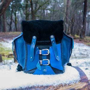 Small Backpack | Magical Fantasy Handstitched Double Buckled School Bag | Custom-made leather blue