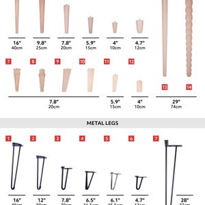 May include: A selection of wooden and metal furniture legs. Wooden legs include tapered, turned, and decorative styles, with heights from 10cm to 74cm. Metal legs are hairpin style, with heights from 12cm to 72cm. The image includes measurements in inches and centimeters.