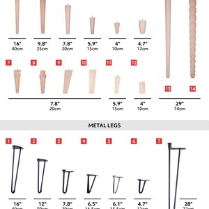 May include: Assortment of wooden and metal furniture legs in various styles and sizes. Wooden legs include tapered, turned, and decorative designs, with heights ranging from 4 inches to 29 inches. Metal legs are hairpin style, with heights from 4.7 inches to 28 inches.