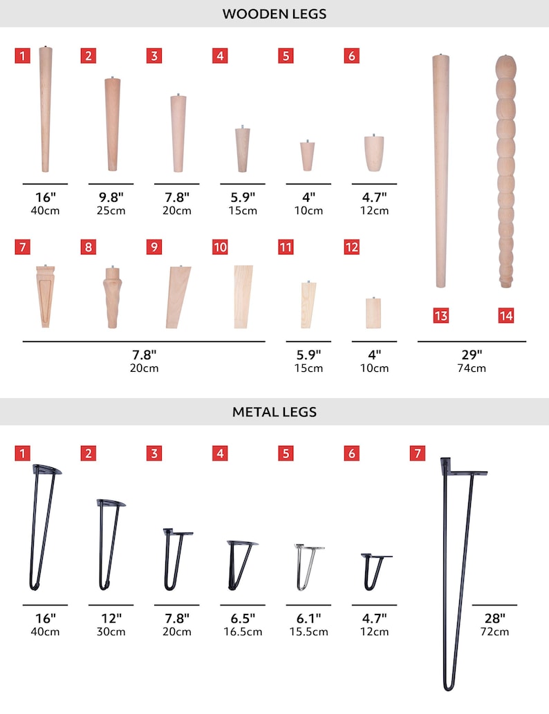 May include: Assortment of wooden and metal furniture legs in various styles and sizes. Wooden legs include tapered, turned, and decorative designs, with heights ranging from 4 inches to 29 inches. Metal legs are hairpin style, with heights from 4.7 inches to 28 inches.