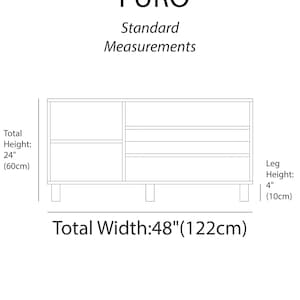 May include: A diagram of a FURO cabinet with standard measurements. The total height is 24 inches (60cm), the total width is 48 inches (122cm), and the leg height is 4 inches (10cm).