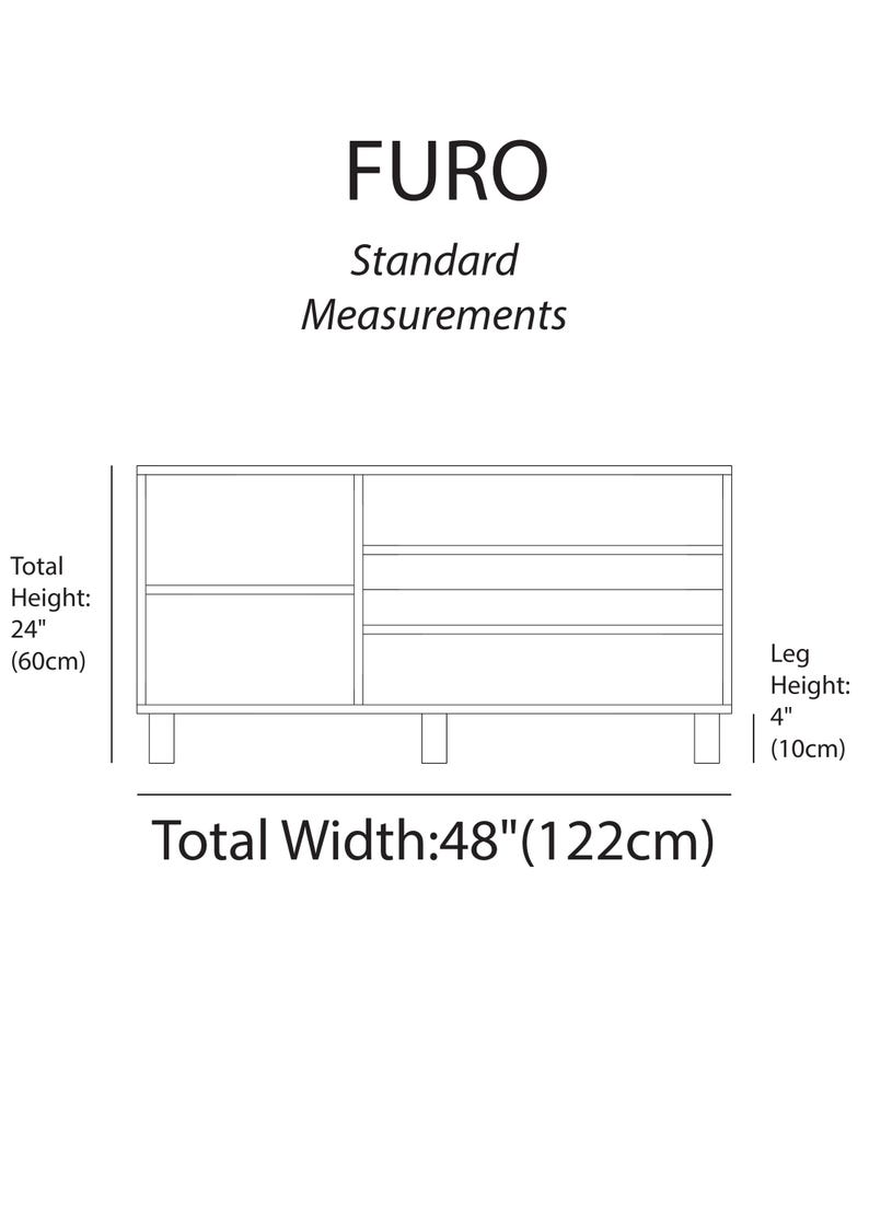 May include: A diagram of a FURO cabinet with standard measurements. The total height is 24 inches (60cm), the total width is 48 inches (122cm), and the leg height is 4 inches (10cm).