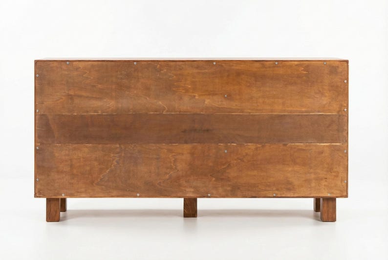 May include: A wooden cabinet with a warm brown finish. The cabinet has a rectangular shape with a series of horizontal wooden panels. It stands on four short, square legs. The wood grain is visible, adding texture to the piece.
