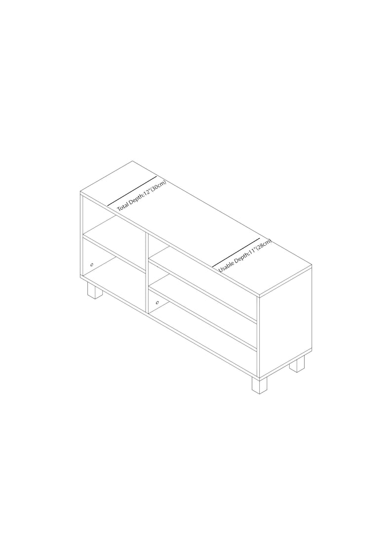 May include: A white, rectangular storage cabinet with multiple shelves and a low profile. The total depth is 12 inches (30cm), and the usable depth is 11 inches (28cm). The cabinet is designed for storage.