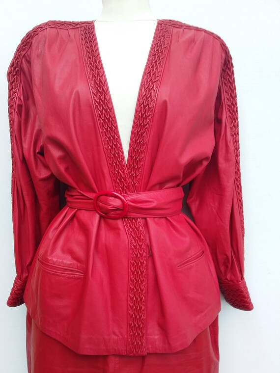 Beltrami Italy red leather suit, skirt, jacket, be