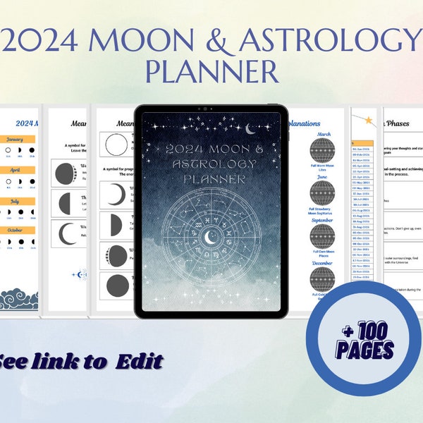 2024 Moon and Astrology Planner, astrology pages, basics astrology, planetary symbols, houses of astrology, BOS pages, wicca, zodiac print