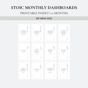 May include: A set of twelve minimalist printable monthly dashboards for HP Mini planners. Each white dashboard features a month name in a handwritten font and a quote. The text "Stoic Monthly Dashboards" is at the top.