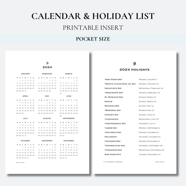 2024 Calendar and Holiday List - Pocket Size