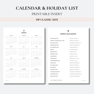 2024 Calendar and Holiday List - HP Classic Size - Etsy India