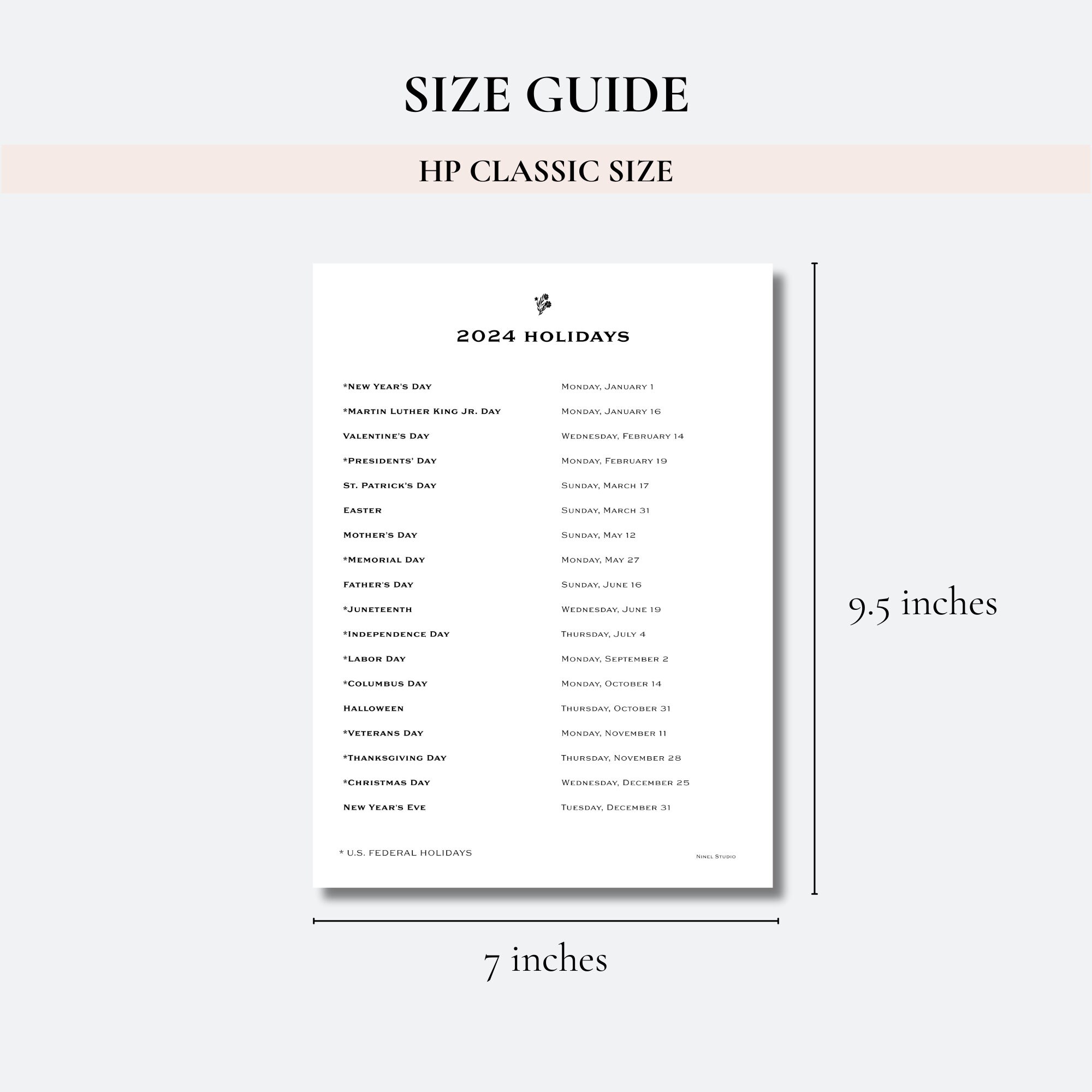 2024 Calendar and Holiday List HP Classic Size - Etsy