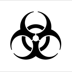 May include: A black biohazard symbol centered on a plain white background. The graphic consists of three interlocking circular segments arranged around a central solid circle, forming a distinct, recognizable warning icon with sharp, curved edges.