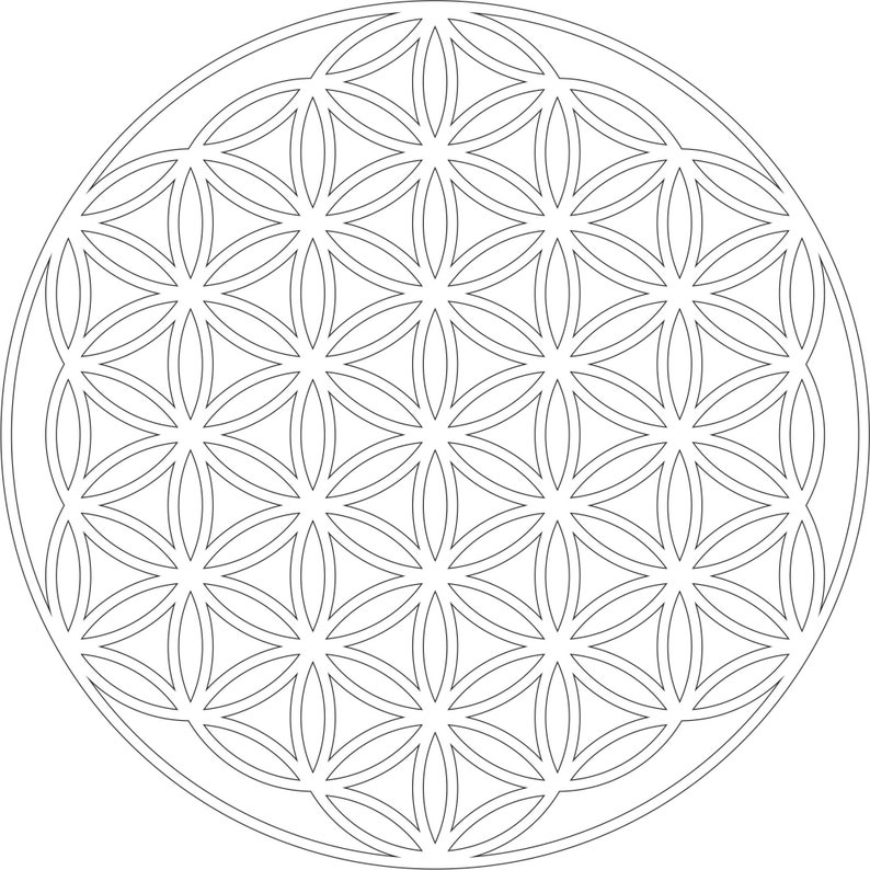 May include: A black and white line drawing of a flower of life pattern. The pattern is made up of overlapping circles and lines, creating a complex and intricate design.