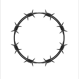 May include: A black and white graphic of a barbed wire circle. The design features a continuous line forming a ring, with evenly spaced barbs extending outwards. The image is a simple, high-contrast illustration.
