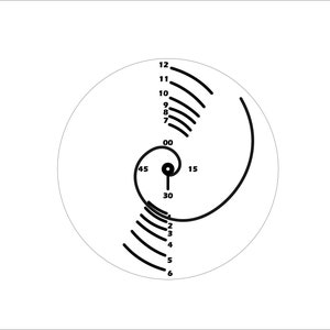 May include: A black and white graphic of a clock face with a spiral design. The clock face has numbers from 1 to 12, and the time is indicated by a black line. The clock face is inside a white circle.