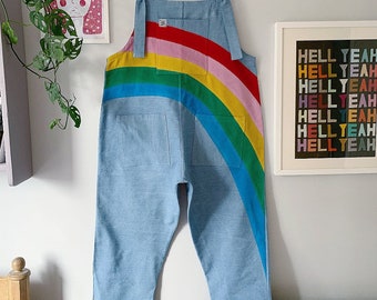 PREORDER IndieLovesDisco ‘Proud’ appliqué Art Dungarees / Pinafore in 100% denim and corduroy cotton, adult sizes LGBTQ Pride, Gay, Festival