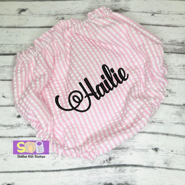 Personalized Pink Seersucker Diaper Cover, Diaper Cover with Name, Seersucker Bloomers, Baby Seersucker underwear