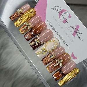 Gold Brown Cross Bling Design Reusable Press Ons Glam Afex Press On Nails- Rich Val