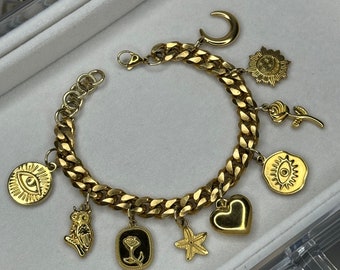 Luxury Gold Charm Bracelet | Cuban Link Charm Bracelet  | Chunky Charm Bracelet  | Gold Handmade Custom Charm Bracelet |  Personalized Gift