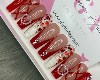 Valentines Red Pearl Design Reusable Press Ons Glam Afex Press On Nails- Rose