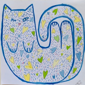 Dipinto acrilico originale su carta “Il gatto dei cuori” 21x21 cm (8,3x8,3 pollici), dipinto acrilico. Spedizione gratuita.